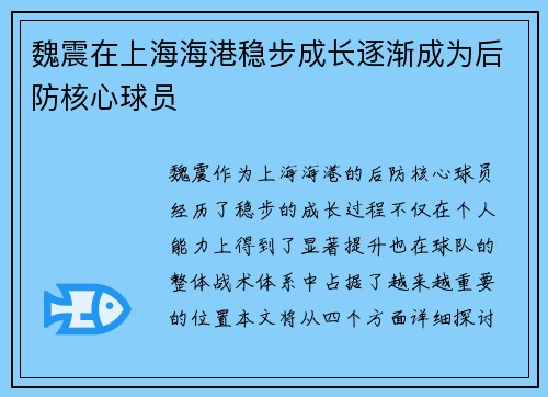 魏震在上海海港稳步成长逐渐成为后防核心球员